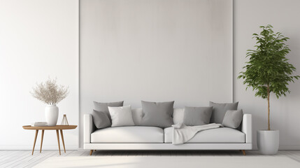 Sleek White Sofa with Grey Cushions in a Minimalist Living Room with Natural Accents