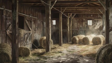 Fototapeta na wymiar Inside Rustic Wooden Old Barn Hay Bales Straw Sunlight Rays Light Beams Farm