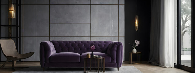 Contemporary room with a purple couch on a minimalistic black wall.