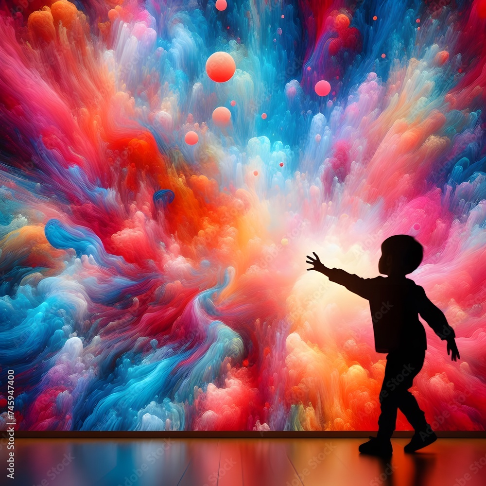 Poster child looking at colorful abstract explosion in space. imagination and creativity concept. generativ