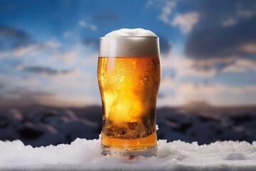 a glass of beer on snow