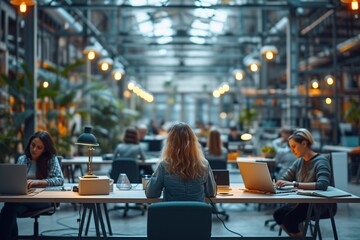 A focused view of professionals working at their laptops in a spacious, well-lit co-working environment