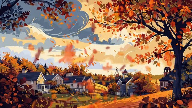 Warm autumn sunny village park. oil panting cartoon drawing style illustration. seamless 4k loop footage animation