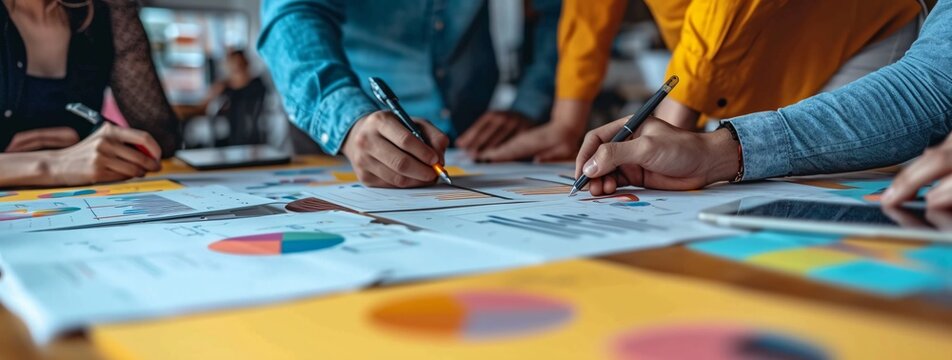 Collaborative team engaging in a thorough analysis of colorful business reports and data