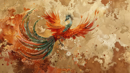 Oil Color, Digital painting  of a chinese phoenix digital illustration, illustration painting