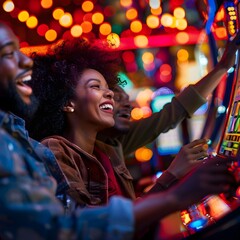 Young african american couple is playing a slot machine at a casino - Generative AI
