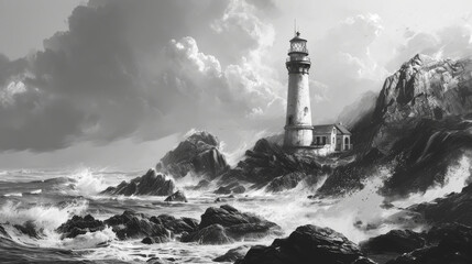 Illustration of a lighthouse on a coast in strong waves - obrazy, fototapety, plakaty
