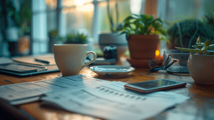 Fototapeta premium A steaming cup of coffee sits on a desk amid work documents, a tablet, and a peaceful office plant in a sunlit workspace. 