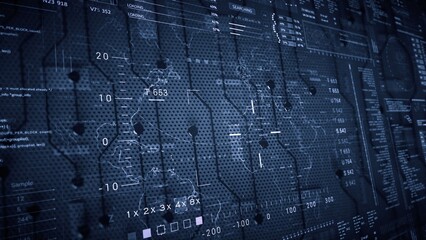 Closeup of electric blue circuit board with numbers on it in urban design