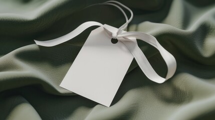White clothing tag on green fabric background, blank label mockup template, design concept