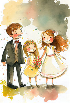 Wedding theme watercolor card. AI generated