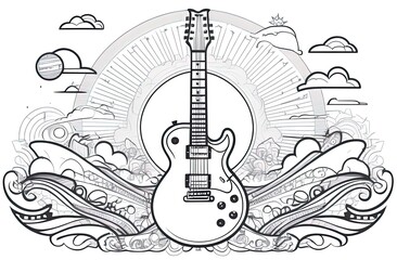 electric guitar coloring book, outline isolated on white background.