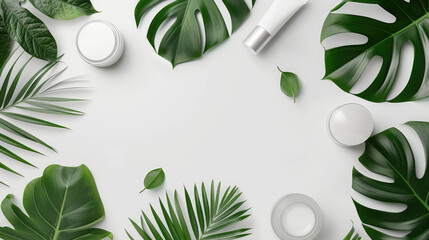Frame Mockup White cosmetic products and green leaves copy space