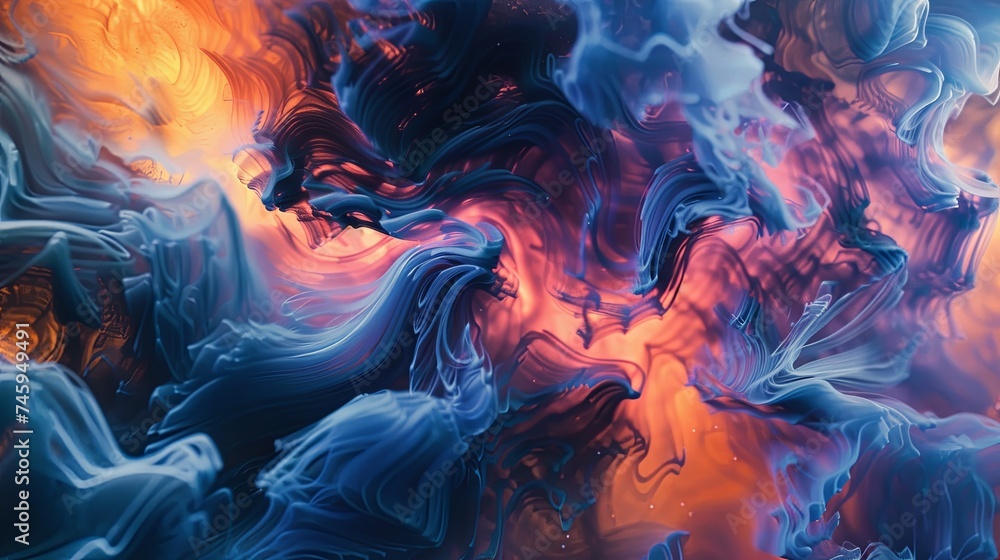 Poster This abstract fluid art captures an intense dance between fiery oranges and cool blues, creating a dynamic interplay of temperature and movement.
Fiery and Cool Tonal Dance in Abstract Fluid Art
