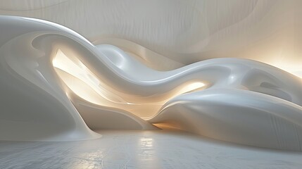 A futuristic display of fluid, white shapes, gracefully intertwined and softly illuminated from within, creating an ambiance of modern elegance. Futuristic White Fluid Shapes with Soft Illumination

