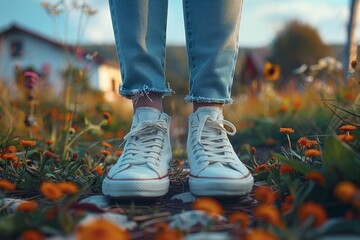 Stylish contemporary sneakers among vibrant wildflowers during golden hour