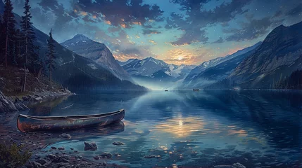Foto op Canvas A serene mountain lake at sunset, with a lone canoe resting on the shore and mist rising from the calm waters. Tranquil Lake at Dusk with Canoe and Mountains   © M