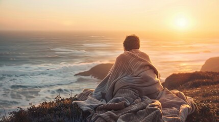 Person Wrapped in Blanket Enjoying Sunset View
 Rear view of an individual wrapped in a cozy blanket, sitting atop a hill, watching a breathtaking sunset over the ocean.
 - obrazy, fototapety, plakaty
