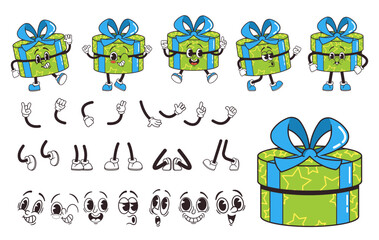 Retro Groovy Gift Box Cartoon Character Creation Kit. Vector Collection Inspired By 60s And 70s, Featuring Colorful,