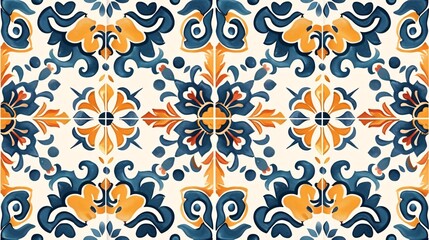 Fototapeta premium Multicultural design featuring Mediterranean wallpaper, Portuguese Azulejo, Turkish ornament, Moroccan mosaic, Spanish porcelain, ceramic folk print, tile motif, and Indian patchwork.