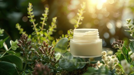 White cream jar cosmetic on natural leaves garden background. AI generated image