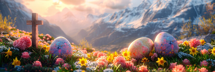 An idyllic image of a wooden cross with colorful Easter eggs in a spring mountain setting