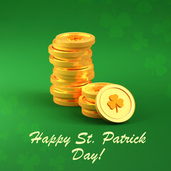 Happy St Patricks Day. Gold coins with shamrock sign on green background. 3d-rendering