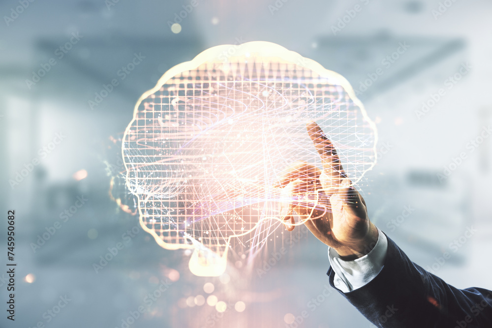 Poster double exposure of man hand presses on creative artificial intelligence interface on blurred office 