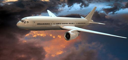 3d modernes Passagierflugzeug am Abend  über den Wolken bei schlechten Wetterverhältnissen - 745951288