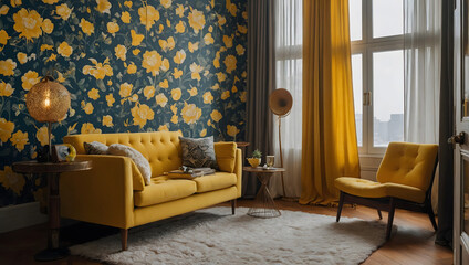 Cozy room setup with a yellow accent chair against a patterned wallpaper background. 