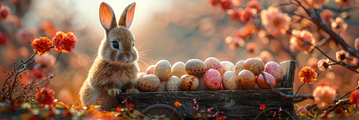 An adorable Easter bunny sits by a wooden cart filled to the brim with patterned Easter eggs surrounded by red flowers - obrazy, fototapety, plakaty