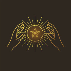 Hand lineart vector design, hand drawn celestial boho logo or emblem. Magic Symbol for decoration cosmetics, market and packaging or beauty products