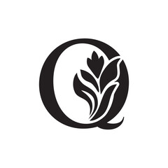 letter Q. Black flower alphabet. Beautiful capital letters 
