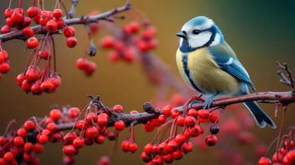 Fototapeta premium blue tit sitting on a branche with red berries in autumn