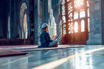 Religious Muslim little boy reading Koran Bible book in mosque - obrazy, fototapety, plakaty