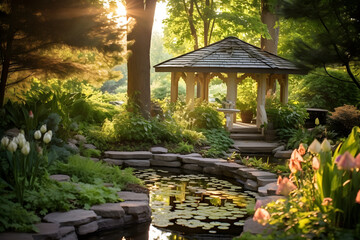 Serene Healing Garden Scene with A Lush Greenery, Tranquil Pond, and Quaint Gazebo