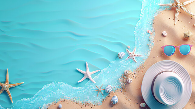 summer banner, top view, sea with sand on right, hat with sunglasses, uneven space for tht