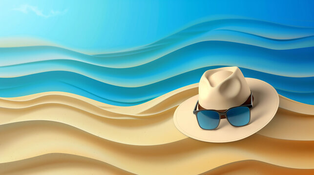 summer banner, top view, sea with sand on right, hat with sunglasses, uneven space for tht