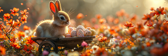 A cute bunny with a cart filled with Easter eggs amongst vibrant orange flowers in sunlight