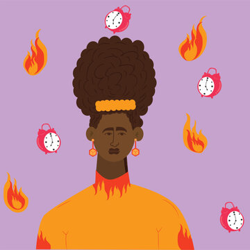 woman feeling stressed Exhausted, frustrated, and burnout. African woman working overtime at Deadline. Alarm in fire, burning clock.vector, illustration