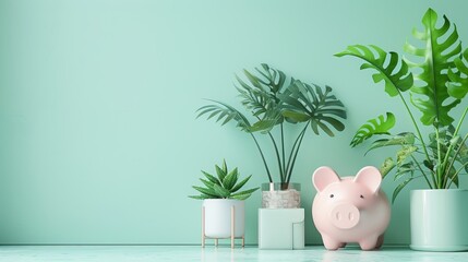The background for your text or product that has a piggy bank and indoor plants on it. - obrazy, fototapety, plakaty