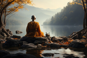 Serene scene capturing moment of meditation in picturesque secluded location.