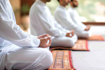 Closeup view of group of Muslim men meditating in mosque - obrazy, fototapety, plakaty