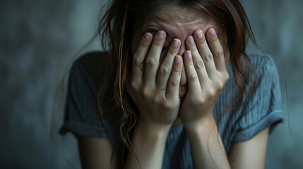 Depressed young woman covering her face with her hands.