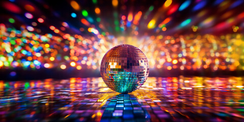 Party disco mirror ball reflecting colorful lights.