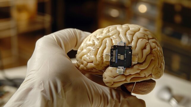 human brain with real controller chip implants in a real laboratory of the latest technology in high resolution