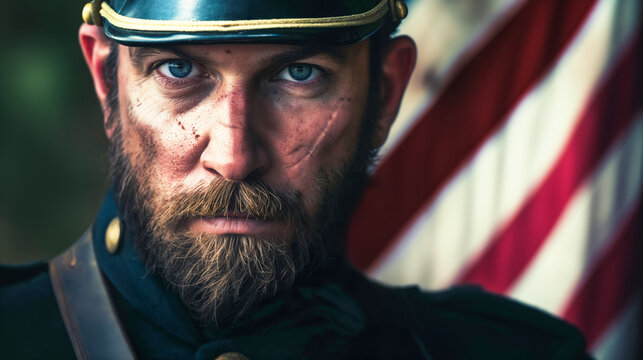 American Civil War - Close-up image of male figure, portraying Union soldier in blue military attire.