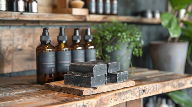 Organic Charcoal Soap and Botanical Oils on Wooden Shelf. Vegan beauty corner with natural cosmetics.