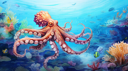 Fototapeta na wymiar Octopus squid with tentacles swimming in a deep beautiful blue ocean reef at an island with fishes, seaweed and corals, turquoise water color