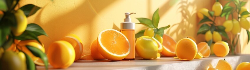 A vibrant citrus-themed podium showcasing beauty and cosmetic products with fresh oranges and lemons.